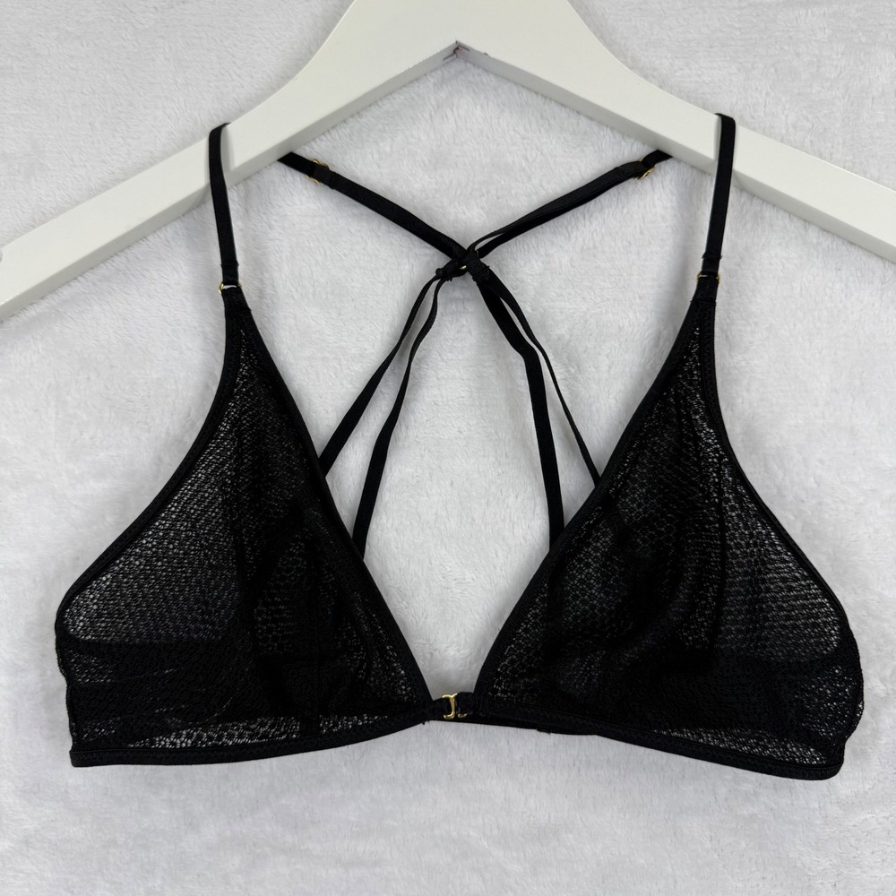 Victoria's Secret Black Sheer Mesh‎ Strappy Bralette Front Clasp 364109 Small